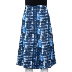 Oscar De La Renta Blue & White Jacquard Patterned A-Line Skirt L For Women