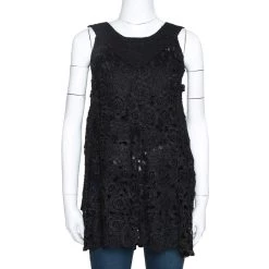 Oscar De La Renta Black Silk Crochet Knit Sleeveless Top S For Women