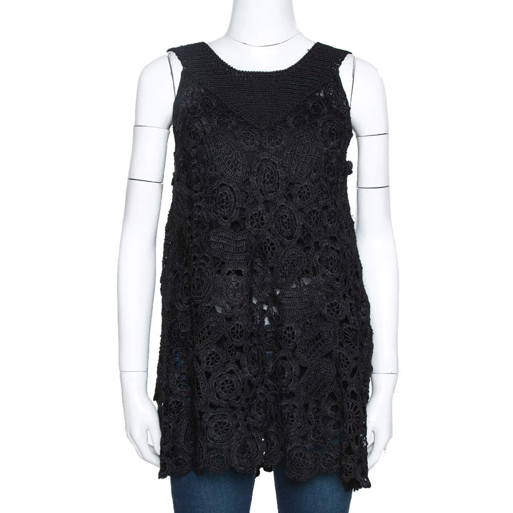Oscar De La Renta Black Silk Crochet Knit Sleeveless Top S For Women 3 Oscar De La Renta Black Silk Crochet Knit Sleeveless Top S For Women