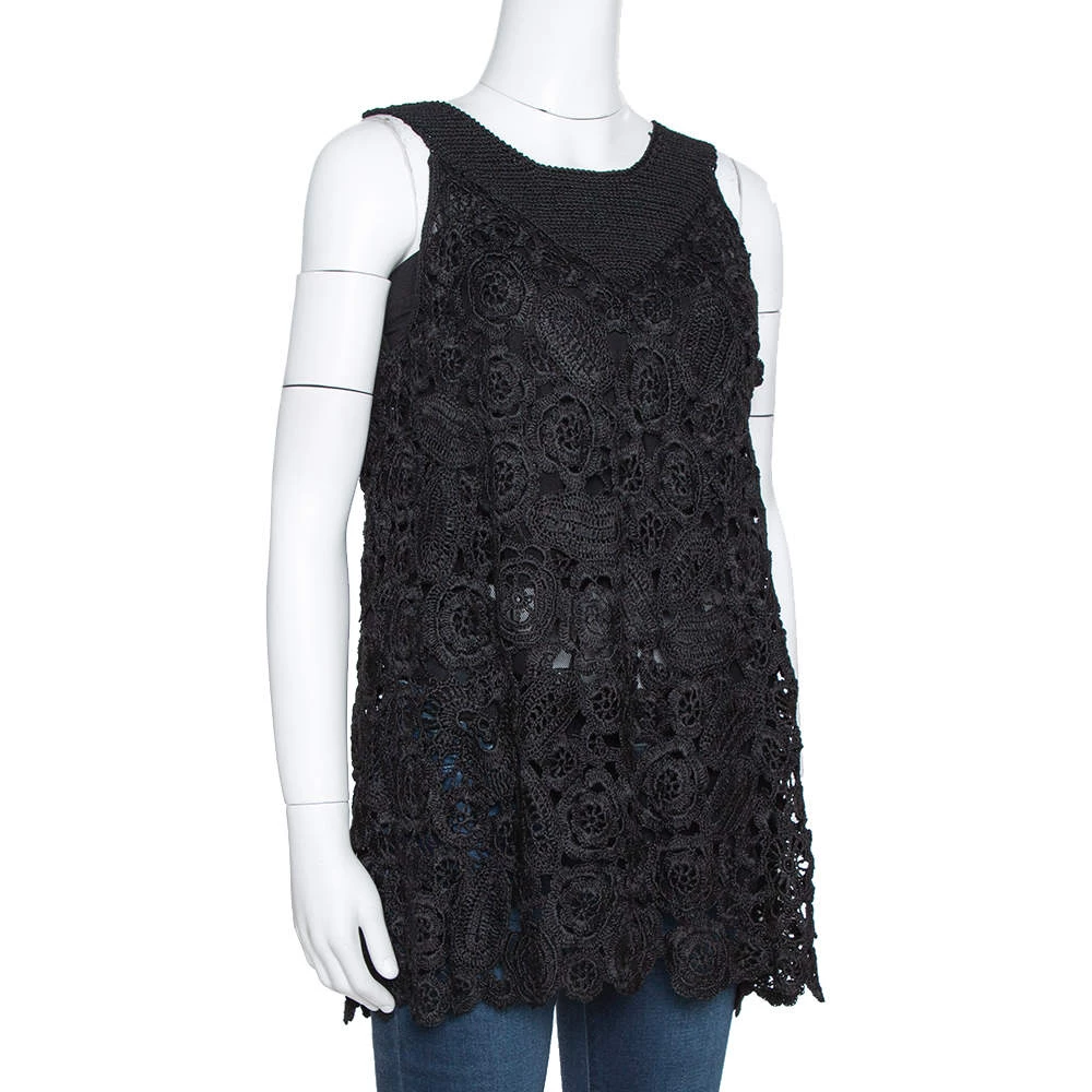 Oscar De La Renta Black Silk Crochet Knit Sleeveless Top S For Women 4 Oscar De La Renta Black Silk Crochet Knit Sleeveless Top S For Women - Image 2