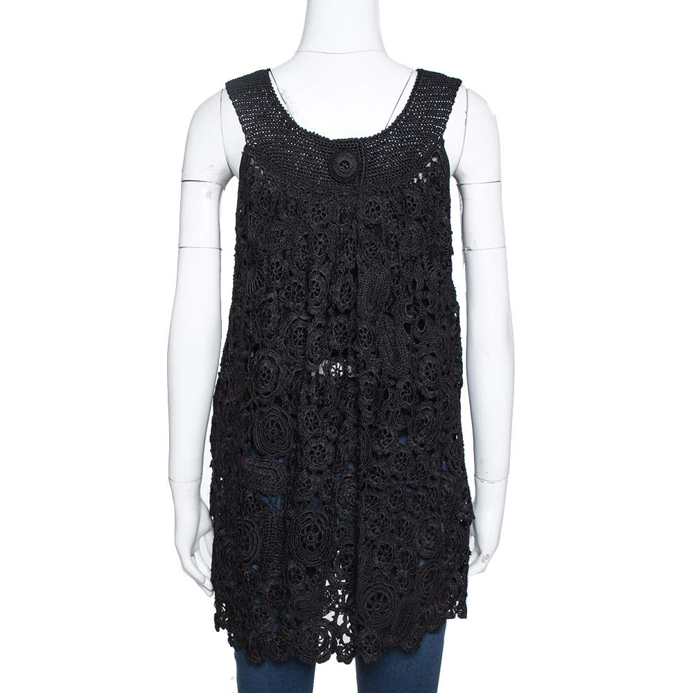 Oscar De La Renta Black Silk Crochet Knit Sleeveless Top S For Women 5 Oscar De La Renta Black Silk Crochet Knit Sleeveless Top S For Women - Image 3