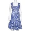 Oscar De La Renta Blue Floral Embroidered Mesh Sleeveless Dress M For Women