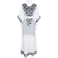 Oscar De La Renta White Lace Floral Appliqued Belted Kaftan M For Women