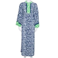 Oscar De La Renta Blue & Green Animal Print Maxi Kaftan Dress XL For Women