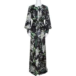 Oscar De La Renta Black Floral Print Silk Draped Maxi Dress L For Women