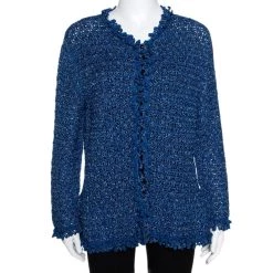 Oscar De La Renta Blue Silk Hand Knit Button Front Cardigan L For Women