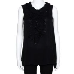Oscar De La Renta Black Silk Sleeveless Ruffled Blouse L For Women