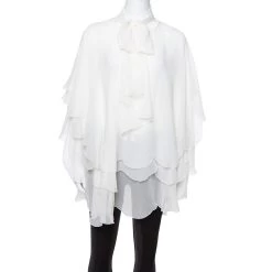 Oscar De La Renta Off White Silk Layered Tie Detail Blouse L For Women