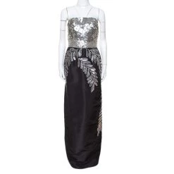 Oscar De La Renta Black Silk Sequin Embellished Strapless Gown L For Women