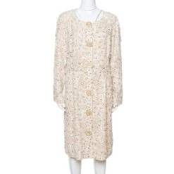 Oscar De La Renta Cream Silk Embellished Coat Dress XL For Women