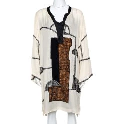 Oscar De La Renta Beige Silk Embroidered Dolman Tunic XL For Women