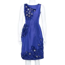 Oscar De La Renta Royal Blue Embellished Silk Sleeveless Sheath Dress XS For Women