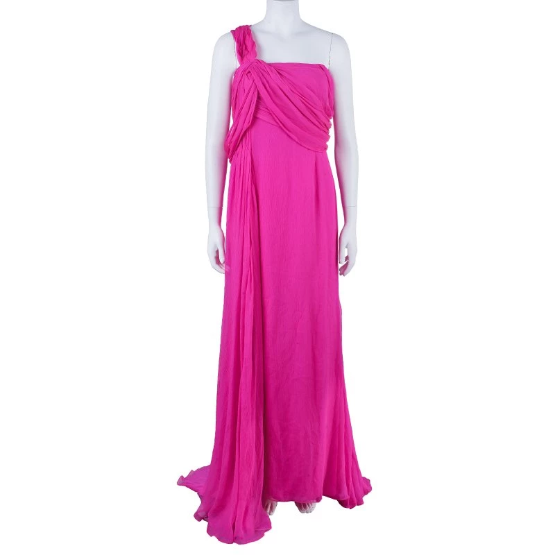 Oscar De La Renta Hot Pink Chiffon Belted Gown L For Women 4 Oscar De La Renta Hot Pink Chiffon Belted Gown L For Women - Image 2