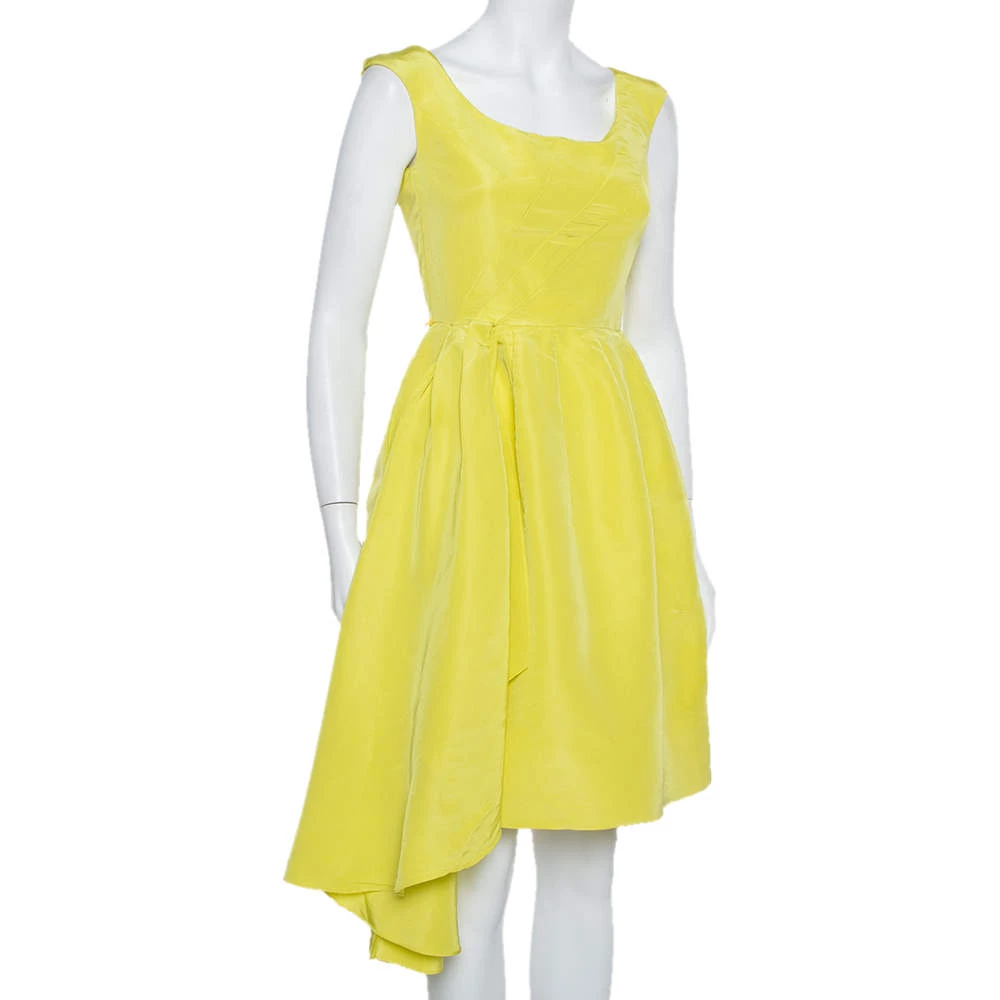 Oscar De La Renta Yellow Silk Front Drape Detail Sleeveless Midi Dress S For Women 4 Oscar De La Renta Yellow Silk Front Drape Detail Sleeveless Midi Dress S For Women - Image 2