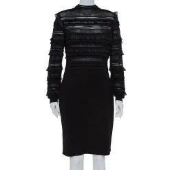 Oscar De La Renta Black Silk Knit Ruffle Trim Detail Sheath Dress XL For Women