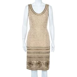 Oscar De La Renta Beige Tweed Sequin Embellished Sleeveless Sheath Dress S For Women