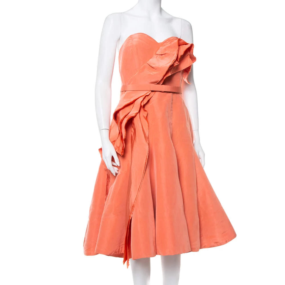 Oscar De La Renta Salmon Pink Silk Ruffle Detail Bustier Mini Dress XL For Women 4 Oscar De La Renta Salmon Pink Silk Ruffle Detail Bustier Mini Dress XL For Women - Image 2