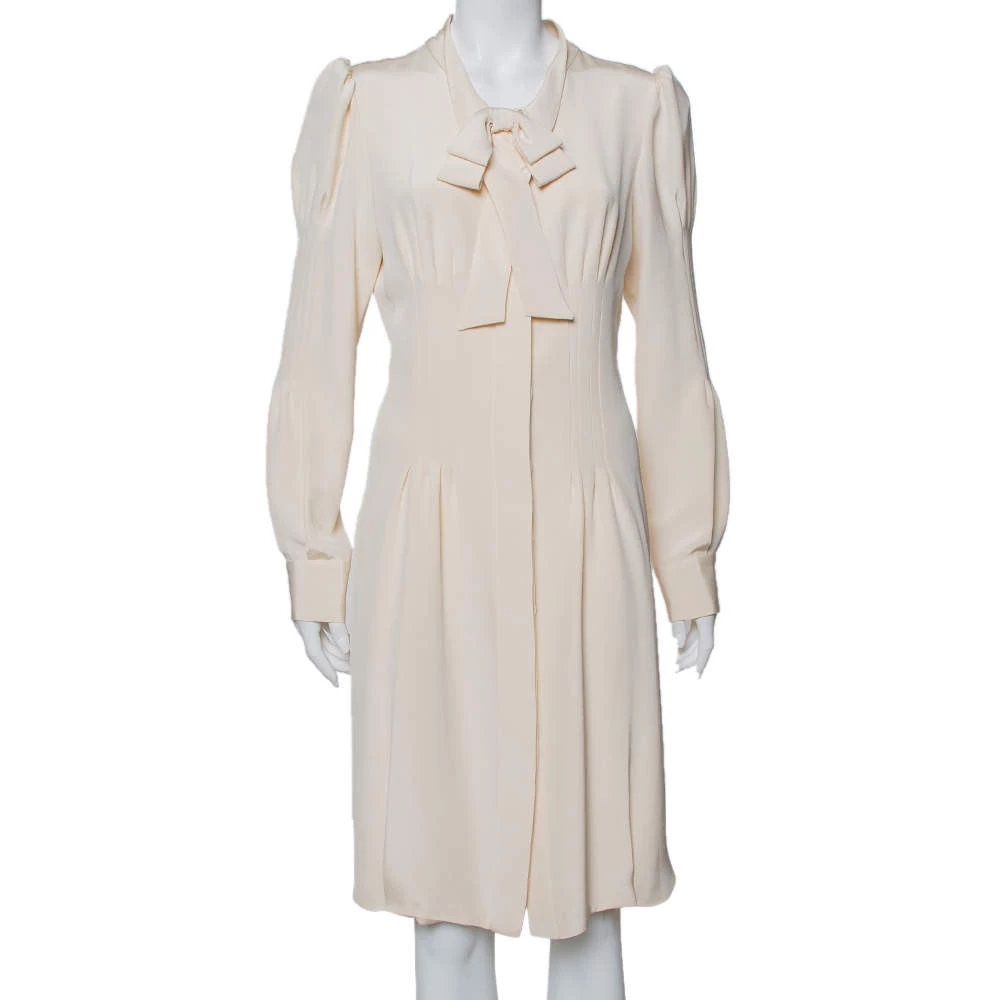 Oscar De La Renta Cream Silk Neck Tie Detail Button Front Shirt Dress L For Women 3 Oscar De La Renta Cream Silk Neck Tie Detail Button Front Shirt Dress L For Women