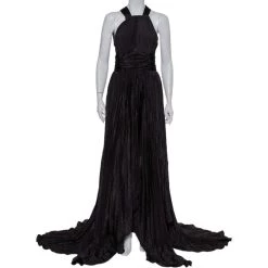 Oscar De La Renta Black Silk Plissé Asymmetrical Hem Detail Flared Gown M For Women