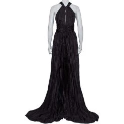 Oscar De La Renta Black Silk Plissé Asymmetrical Hem Detail Flared Gown M For Women -Oscar de la Renta Sales Shop luxury women oscar de la rentaslug used clothes p437153 005