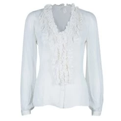 Oscar De La Renta White Crinkle Chiffon Top S For Women