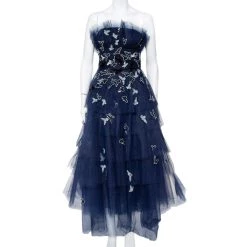 Oscar De La Renta Navy Blue Tulle Sequin Embellished Tiered Midi Dress M For Women