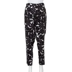 Oscar De La Renta Monochrome Floral Printed Silk Tapered Leg Pants M For Women