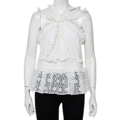 Oscar De La Renta White Lace Ruffle Detail Draped Peplum Top L For Women