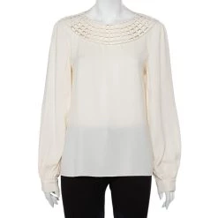 Oscar De La Renta Off White Silk Grid Neckline Detail Top XL For Women