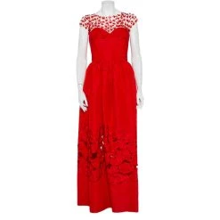 Oscar De La Renta Red Sequin Floral Embellished Cutout Detail Ball Gown L For Women
