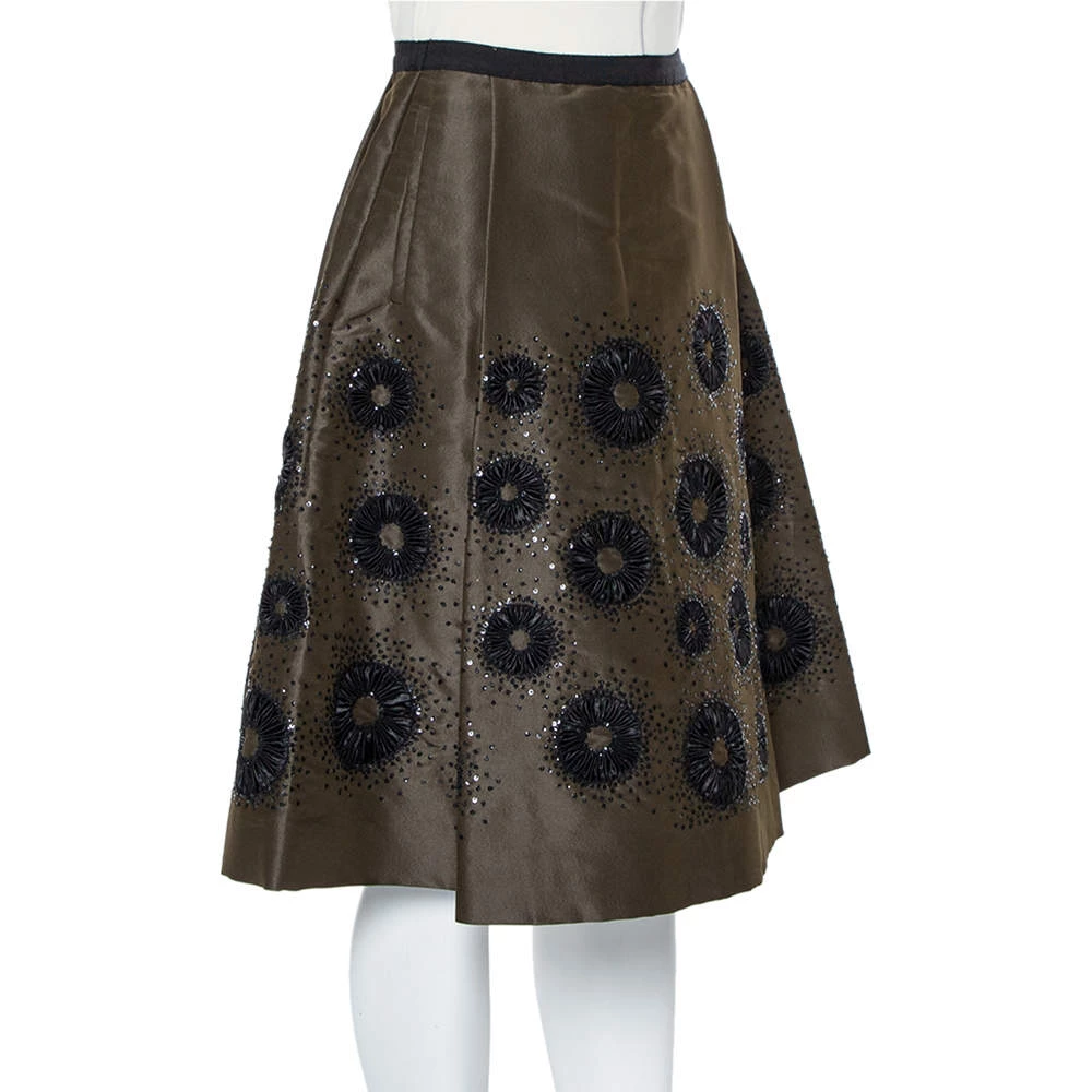 Oscar De La Renta Olive Green Silk Sequin Embellished Pleated Skirt S For Women 4 Oscar De La Renta Olive Green Silk Sequin Embellished Pleated Skirt S For Women - Image 2