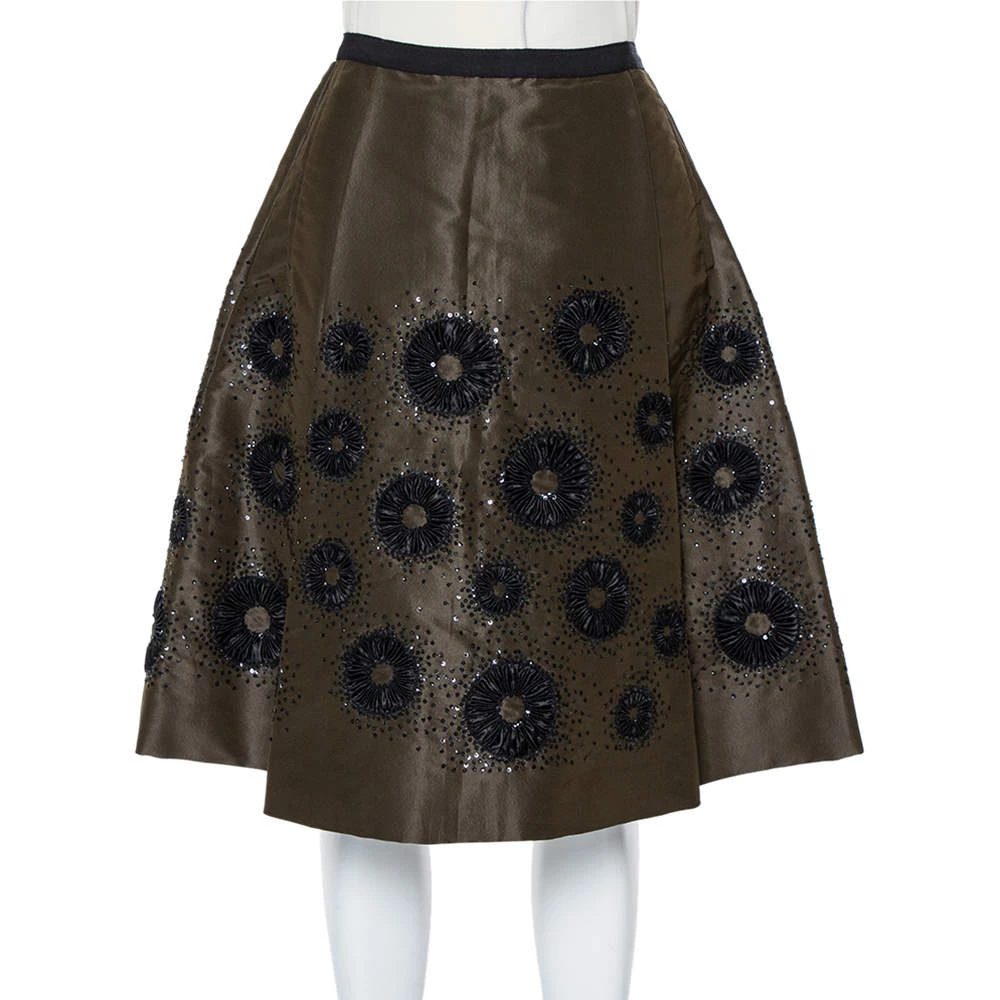Oscar De La Renta Olive Green Silk Sequin Embellished Pleated Skirt S For Women 3 Oscar De La Renta Olive Green Silk Sequin Embellished Pleated Skirt S For Women