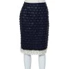 Oscar De La Renta Navy Blue Synthetic & Faux Leather Trim Pencil Skirt M For Women