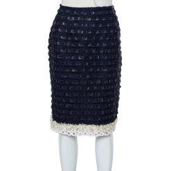 Oscar De La Renta Navy Blue Synthetic & Faux Leather Trim Pencil Skirt M For Women