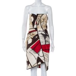 Oscar De La Renta Multicolor Printed Silk Strapless Mini Dress L For Women