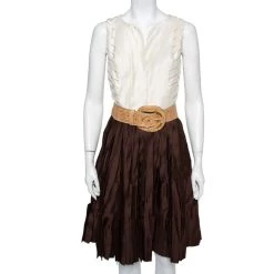 Oscar De La Renta Cream & Brown Silk Pleated Belted Mini Dress S For Women
