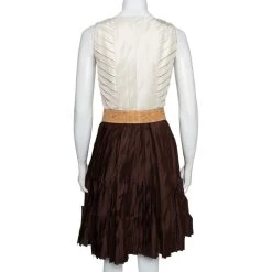Oscar De La Renta Cream & Brown Silk Pleated Belted Mini Dress S For Women -Oscar de la Renta Sales Shop luxury women oscar de la rentaslug used clothes p465192 004