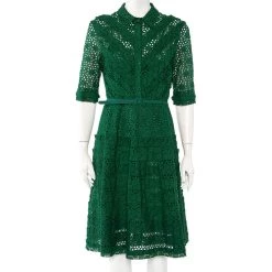 Oscar De La Renta Green Eyelet Lace Belted Midi Dress L For Women