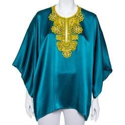 Oscar De La Renta Green Silk Satin Embellished Neck Detail Oversized Top L For Women