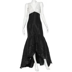 Oscar De La Renta Monochrome Lace & Synthetic Paneled Asymmetric Hem Gown S For Women