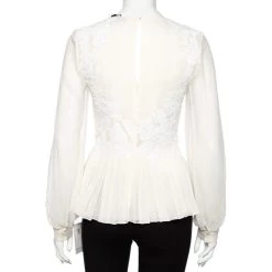 Oscar De La Renta Cream Silk Plisse Lace Detail Long Sleeve Blouse S For Women -Oscar de la Renta Sales Shop luxury women oscar de la rentaslug used clothes p491219 005