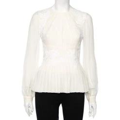 Oscar De La Renta Cream Silk Plisse Lace Detail Long Sleeve Blouse S For Women