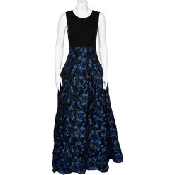 Oscar De La Renta Black Knit & Floral Jacquard Paneled Sleeveless Gown S For Women