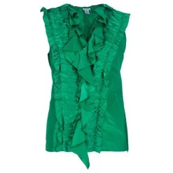 Oscar De La Renta Emerald Ruffle Satin Sleeveless Top L For Women