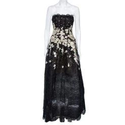 Oscar De La Renta Black & Gold Embroidered Tulle Strapless Gown S For Women
