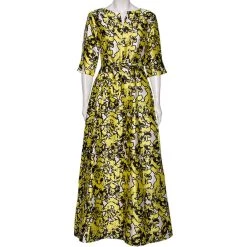 Oscar De La Renta Yellow Printed Silk Belted Maxi Dress M For Women