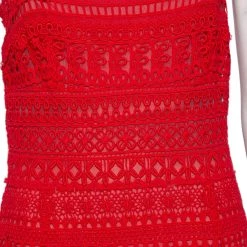 Oscar De La Renta Red Guipure Lace & Ruffled Silk Trimmed Cockail Dress L For Women -Oscar de la Renta Sales Shop luxury women oscar de la rentaslug used clothes p566504 001