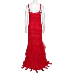 Oscar De La Renta Red Guipure Lace & Ruffled Silk Trimmed Cockail Dress L For Women -Oscar de la Renta Sales Shop luxury women oscar de la rentaslug used clothes p566504 006
