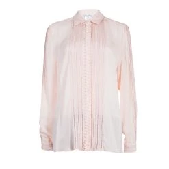 Oscar De La Renta Blush Pink Lace Insert Detail Pintucked Silk Shirt L For Women