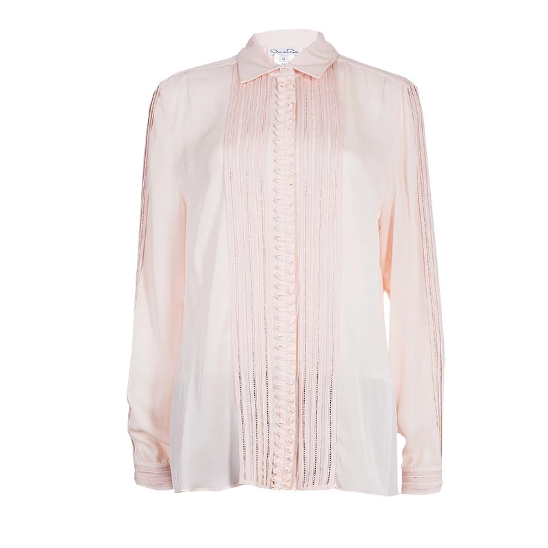 Oscar De La Renta Blush Pink Lace Insert Detail Pintucked Silk Shirt L For Women 3 Oscar De La Renta Blush Pink Lace Insert Detail Pintucked Silk Shirt L For Women